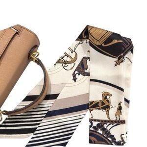 Silk Twilly Scarf Strap | Equestrian Print | Neutral Beige & Navy